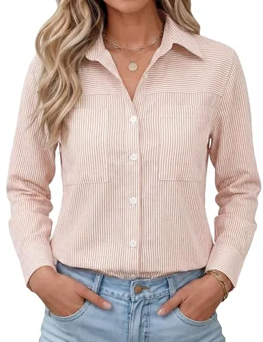 Kistore Women's Long Sleeve Striped Soft Button Up Collared Shirt