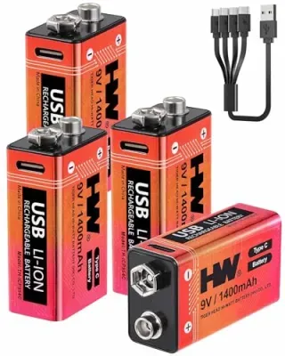 4-Pack HW 9V 1400mAh USB-C Rechargeable Lithium Batteries