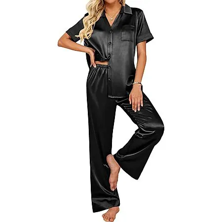 2-pc Ekouaer Women's Satin Short Sleeve Button Down Wide Leg Pajama Set (Various)