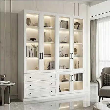 78.7" 10-Shelf FUFU&GAGA White Wood Bookcase w/ Glass Doors, LED Lights & Drawers