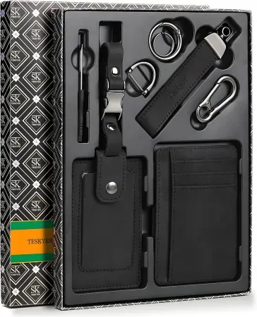 Teskyer Premium Leather Gift Set w/ Slim Wallet, Travel Luggage Tag & Car Keychain