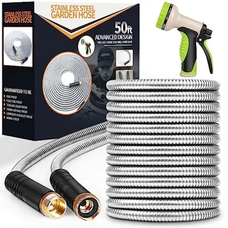 Unywarse 50' Stainless Steel Garden Hose with 10 Function Nozzle