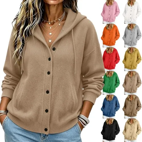 Women Hooded Button Front Cashmere Cardigan