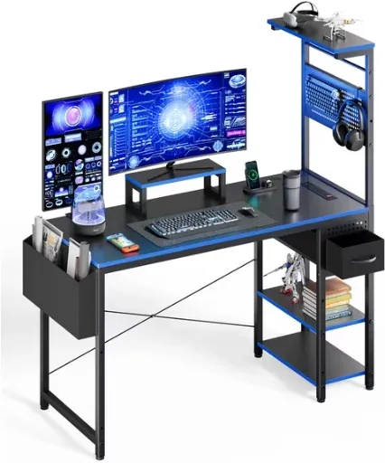 Upgo 47" Gaming Desk with Adjustable Storage Rack & LED Lights