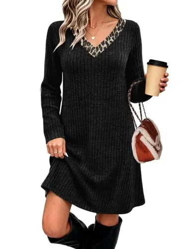 Color Block V Neck Sweater Dress