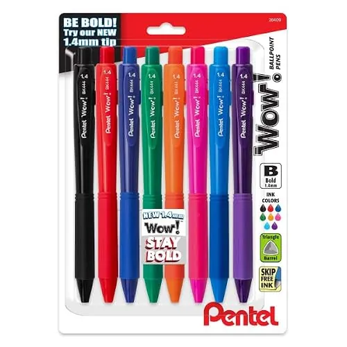 Pentel WOW! Retractable Ballpoint Pens 1.4mm Bold 8-Pack Assorted Colors