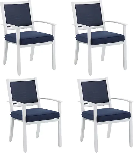 Allen + Roth Chatham Pier Set of 4 Stackable White Aluminum Frame Stationary Dining Chair with Navy Cushioned Seat