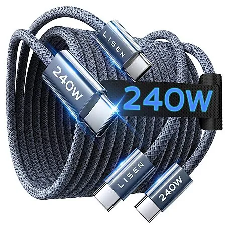 2-Pk 6.6' LISEN 240W USB-C to USB-C Charge Cable