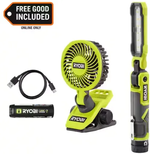 Ryobi USB Lithium Cordless 550 Lumens Rechargeable Inspection Flashlight Kit with Clamp Fan