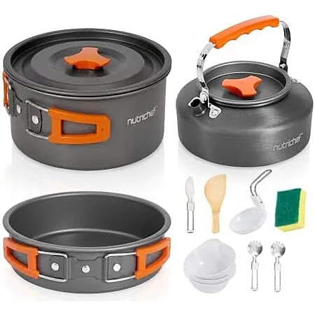 15-Pc NutriChef Nonstick Camping Cookware Set w/ Mesh Bag (Grey)