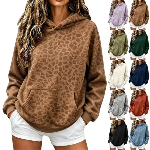 Leopard Print Oversized Hooded Sweatshirt with Kangaroo Pocket