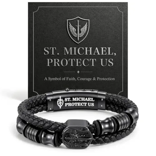 St Michael Protect Us Bracelet Black Leather Adjustable Fit