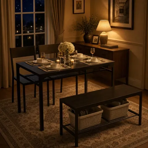 4-Piece Black Kitchen Dining Table Set with Storage Rack