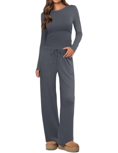 Ekouaer Women's 2 Piece Ruched Long Sleeve Top with Wide Leg Pants Set