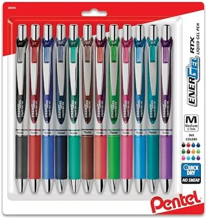 12-Pk Pentel EnerGel RTX Retractable Liquid Gel Pens (0.7mm, Assorted Colors)