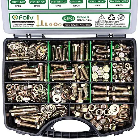523-Pc Foliv Grade 8 Hex Bolt, Nut & Washer Assortment Kit w/ Storage Case
