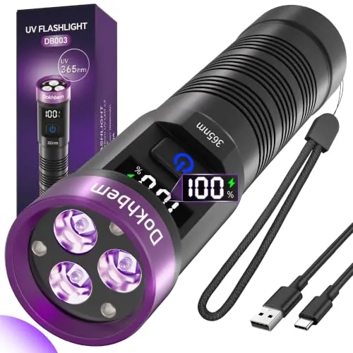 365nm 3-LED UV Black Light Flashlight w/ USB-C Rechargeable & LCD Display