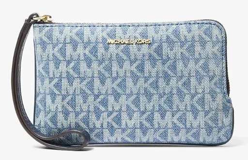 Michael Kors Jet Set Travel Small Signature Logo Print Denim Wristlet