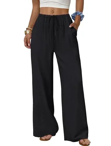 Sampeel Wide Leg Flowy Palazzo Drawstring Elastic Waist Trousers