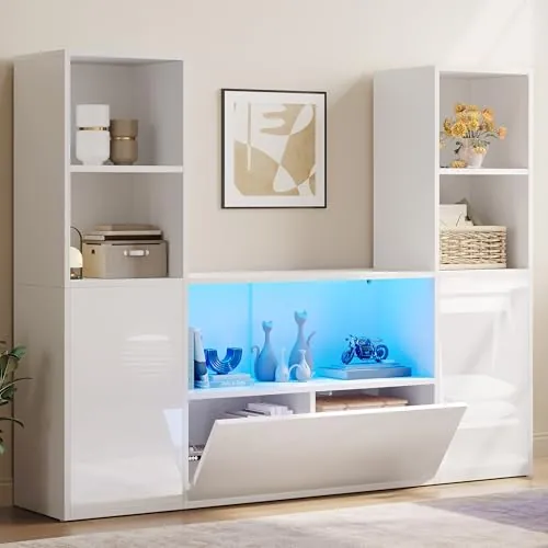 YITAHOME 67" U-Shaped Castle Bookcase w/ LED Lights, Cabinet & Open Shelves (White Gloss)