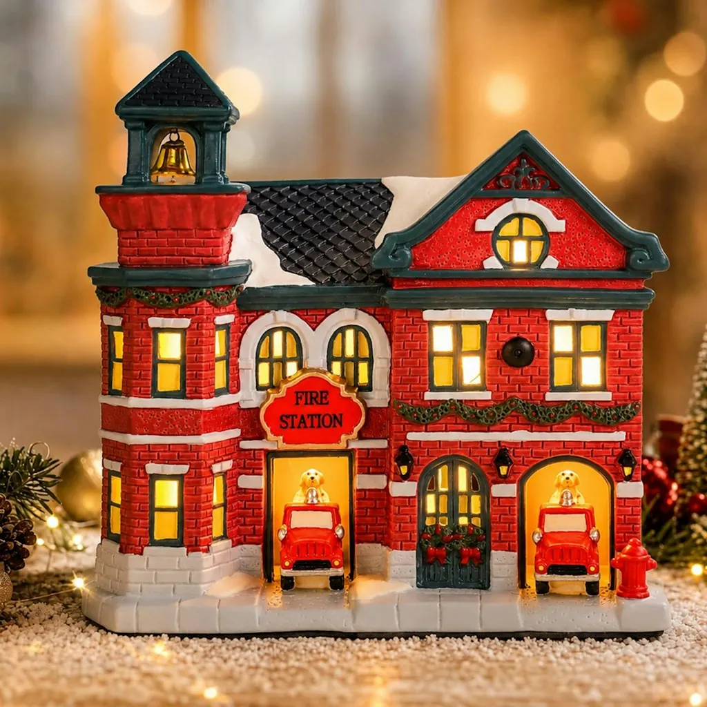 Christmas Village Fire Station Lighted Ceramic Decor