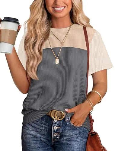 Color Block Short Sleeve Shirts Womens Trendy WTS9200