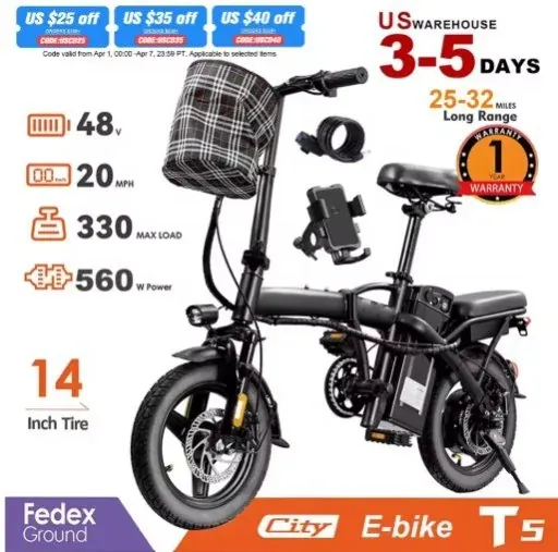 HEZZO T5 Foldable Electric Bike 350W 48V 10.4Ah 20mph 14-in Fat Tire