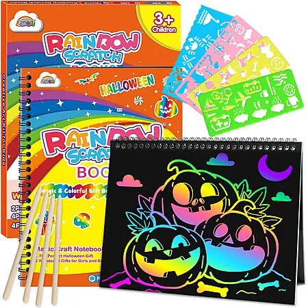 2-Ct ZMLM Halloween Rainbow Scratch Art Notebooks w/ Stencils & Wooden Styluses