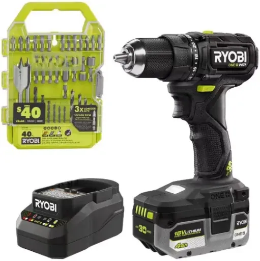 RYOBI ONE+ 30th Anniversary 18V Brushless Compact 1/2" Drill/Driver Kit with 4Ah Battery, Charger & 40-Piece Drill/Impact Drive Kit