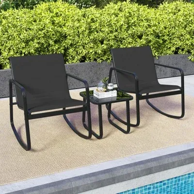 Costway 3 Piece Patio Rocking Set 2 Rocking Bistro Chairs & Glass-Top Table