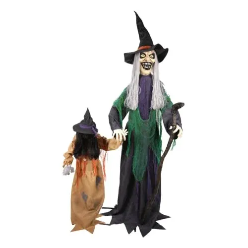 Haunted Hill Farm 5.6-Ft. Witch with a Creepy Girl Halloween Animatronic