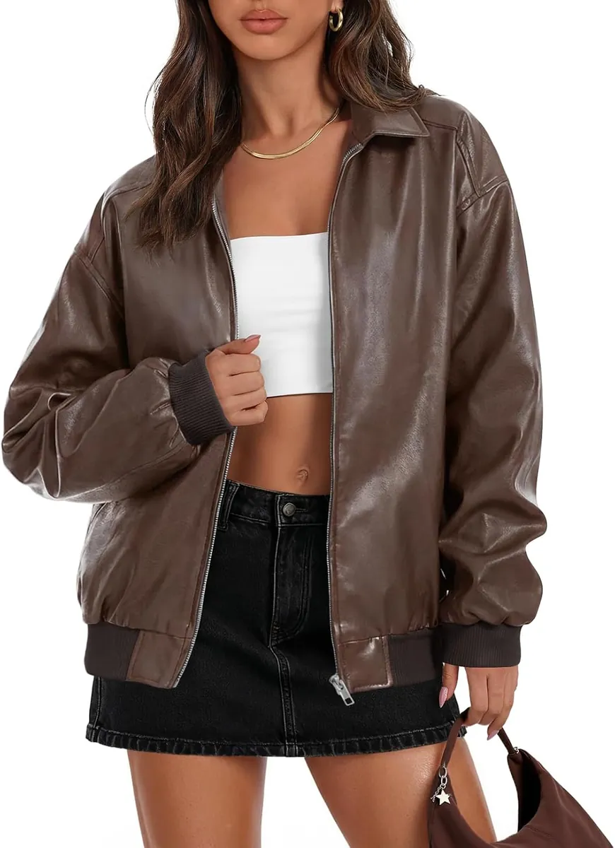 MEROKEETY Faux Leather Bomber Jacket