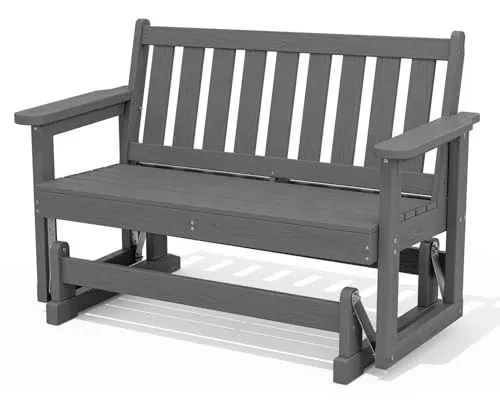 SERWALL 2 Person Patio Glider Bench, HDPE All Weather Swinging Bench, Grey