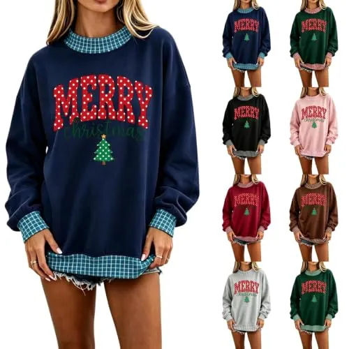Long Sleeve Plaid Christmas Crewneck Sweatshirt