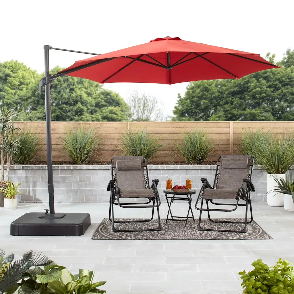 Mainstays 10' Red Octagon Outdoor Tilting Cantilever Offset Patio Umbrella w/ Weighted Base