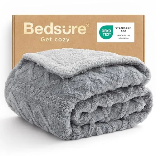 Bedsure Cable Jacquard Tufted Sherpa Fleece Throw Grey