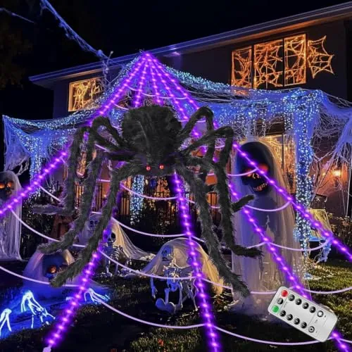 Spider Webs Halloween Decorations Lights, 250 Purple LED, 16.4Ft