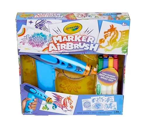 Crayola Marker Airbrush Spray Art Kit with 8 Washable Markers and 5 Stencils