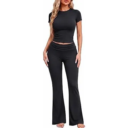 Ekouaer Women's Pajama/Lounge Set w/ Crop Top & Flare Pants (Black)