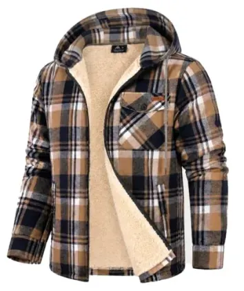 ZITY Men's Flannel Hooded Fleece Sherpa Lined Plaid Zip Up Jacket