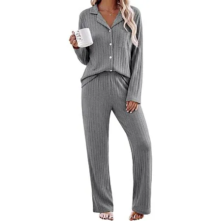 2-pc Ekouaer Women's Long Sleeve Ribbed Knit Pajamas Sets (various)