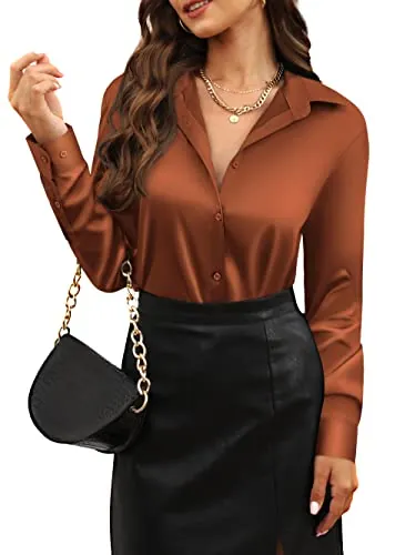 CUNLIN Women's Satin Button-Down Long-Sleeve Shirt