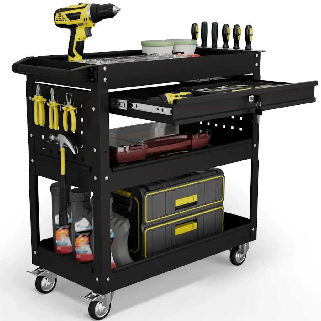 17 Stories 3-Tier Rolling Tool Cart w/ Locking Drawer