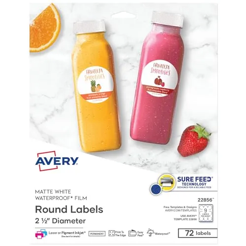 Avery Durable Waterproof Round Labels, 2.5" Diameter, 72 Blank Labels Total