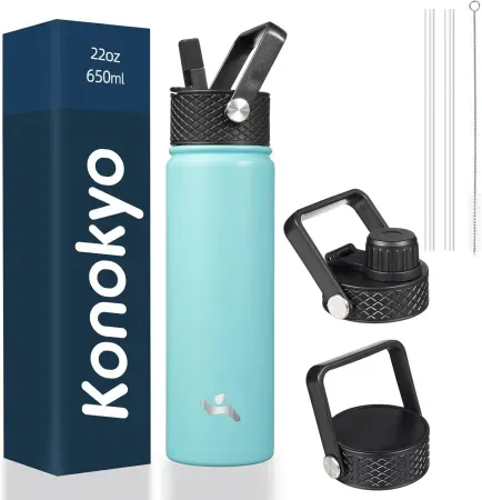 22oz Konokyo Insulated Stainless Steel Water Bottle with Straw & 3 Lids
