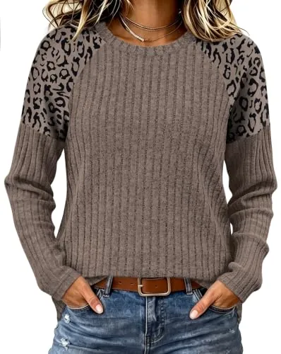 WIHOLL Leopard Print Long Sleeve Tops