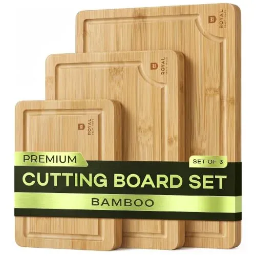 ROYAL CRAFT WOOD Wooden Cutting Boards for Kitchen Meal Prep & Serving - Bamboo Wood Serving Board Set with Deep Juice Groove Side Handles