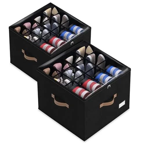 Foldable Shoe Storage Bins with Clear Cover & Handles 2-Pack