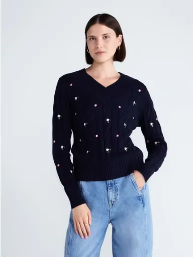Free Assembly Women's Cotton Cable Knit Sweater, Midweight, Darkest Navy, XS-4X