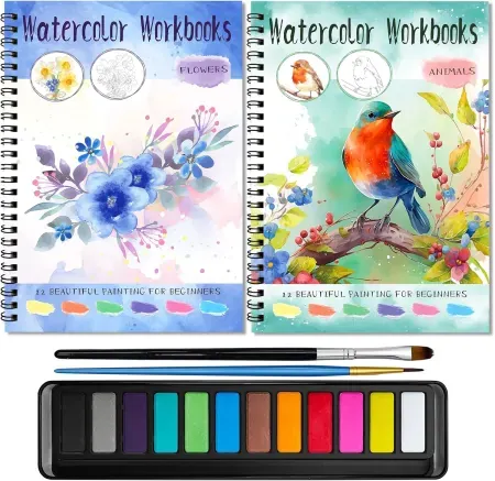 2-Piece Elfew Watercolor Workbooks + 2 Brushes and 12-Color Watercolor Set